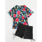 Damen Surf-Badeanzug-Set mit floralem Kurzärmel-Oberteil und komfortablen Shorts R&B