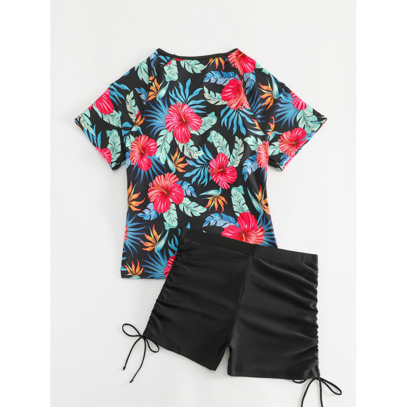 Damen Surf-Badeanzug-Set mit floralem Kurzärmel-Oberteil und komfortablen Shorts R&B
