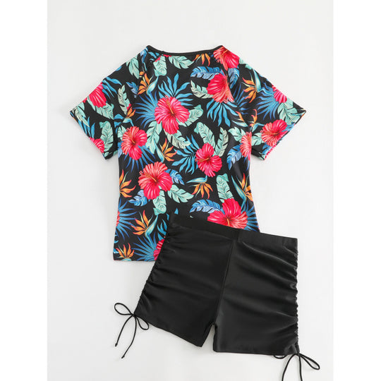 Damen Surf-Badeanzug-Set mit floralem Kurzärmel-Oberteil und komfortablen Shorts R&B