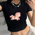 Damen Crop-T-Shirt mit verspielt illustriertem Einhornmotiv R&B
