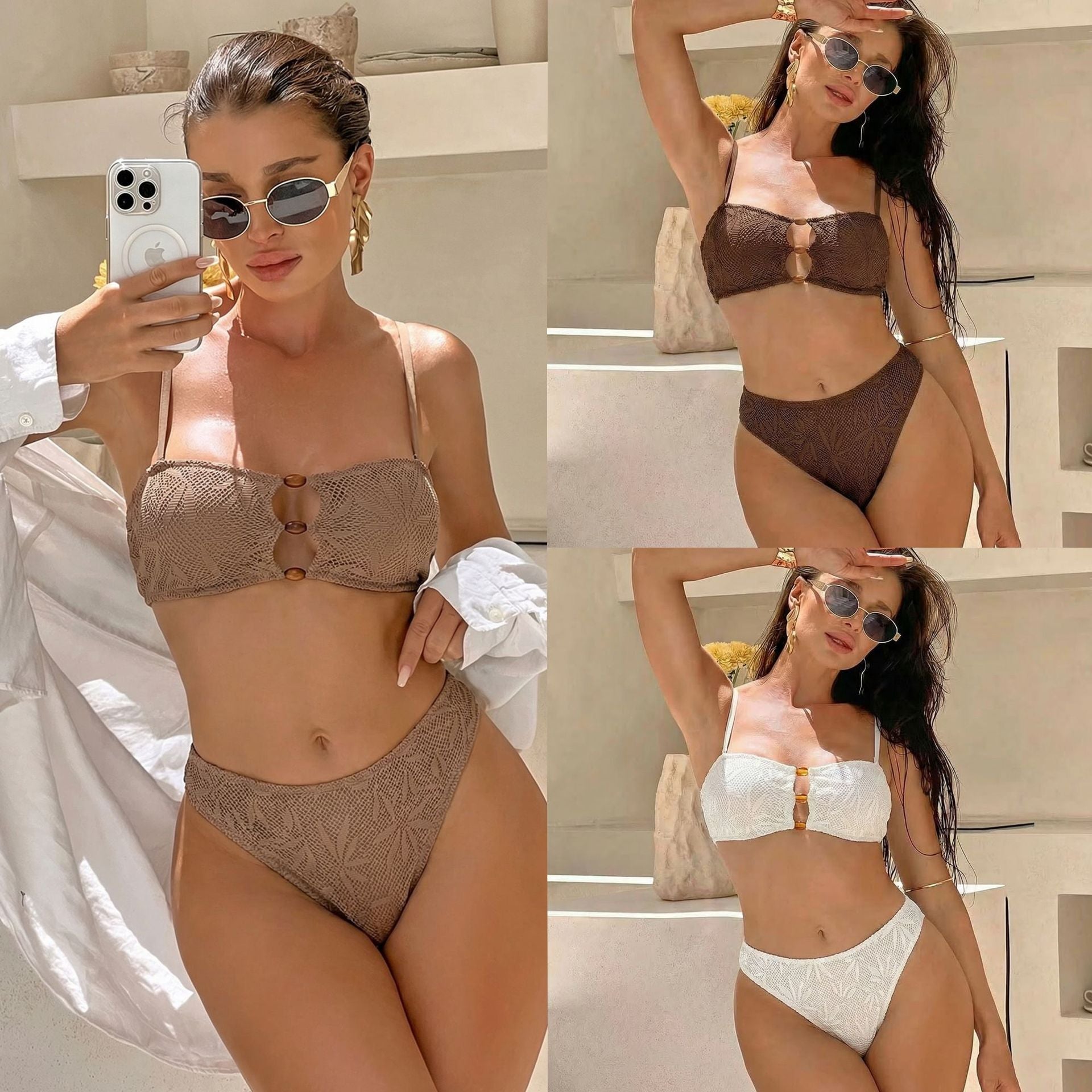 Damen Bandeau-Bikini mit floralem Häkelmuster R&B