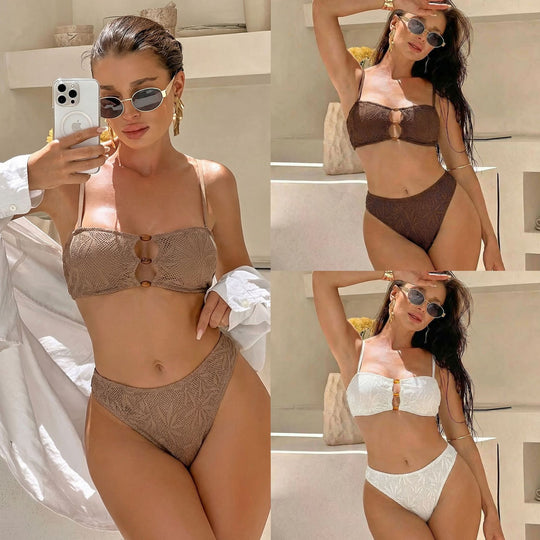 Damen Bandeau-Bikini mit floralem Häkelmuster R&B