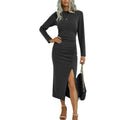 Damen Elegantes Langarm-Midikleid mit seitlichem Schlitz und gerafftem Design R&B