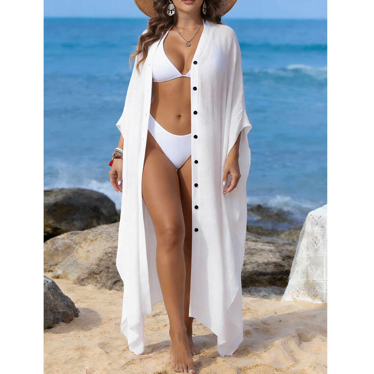 Damen Strandüberwurf mit Knopfleiste und weitem Schnitt R&B