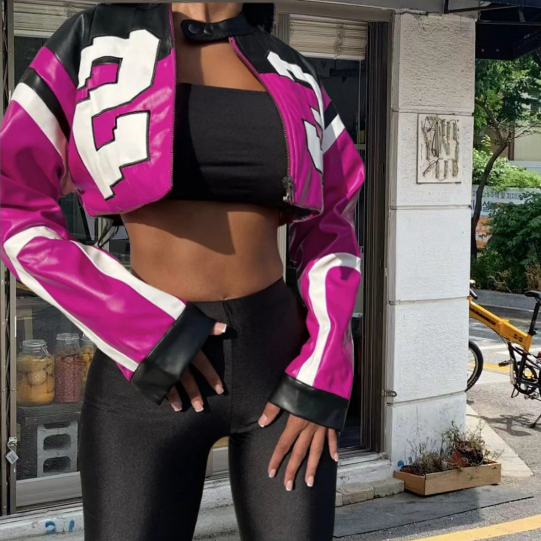 Damen cropped Kunstlederjacke im auffälligen Design R&B