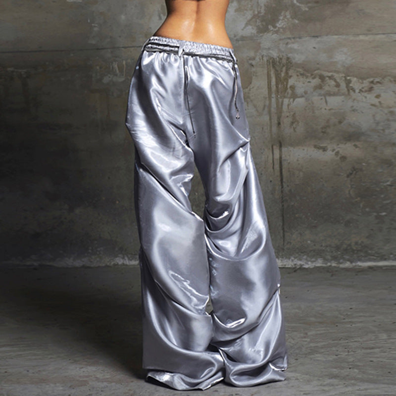 Damen Satin-Hosen mit dekorativem Grafikdruck und weitem Bein R&B