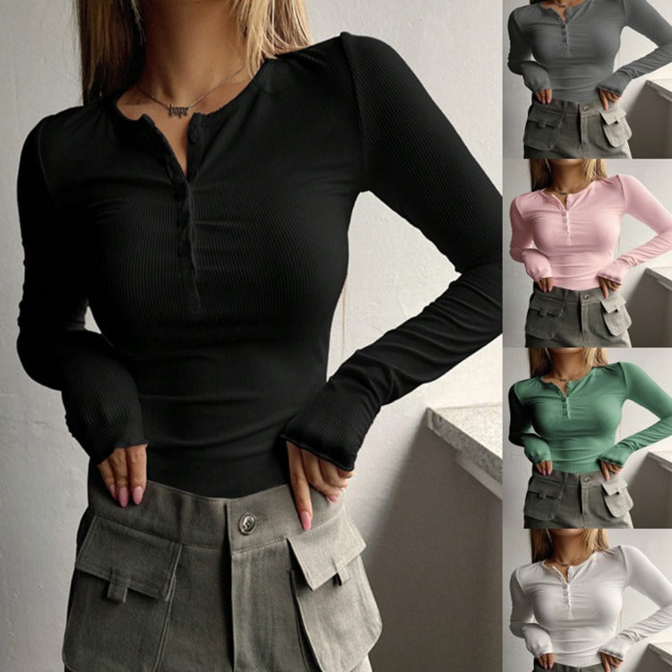 Damen Langarmshirt mit feiner Rippstruktur und Knopfleiste
