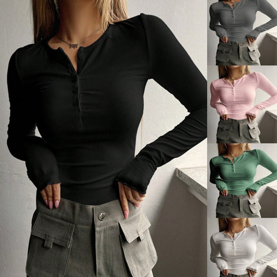 Damen Langarmshirt mit feiner Rippstruktur und Knopfleiste R&B