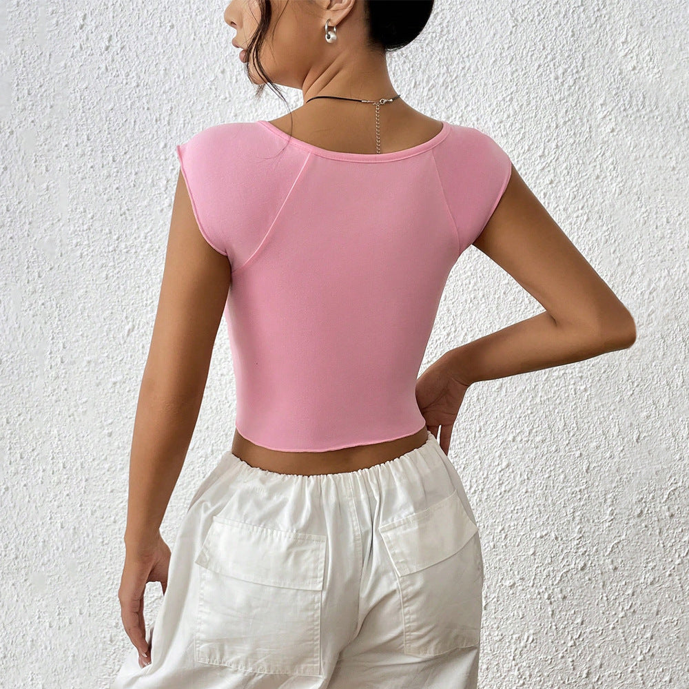 Damen figurbetontes Kurzarm-Oberteil mit Wickeldetail R&B