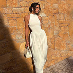Damen Elegantes Maxi-Jumpsuit mit hohem Kragen und fließendem Saum R&B
