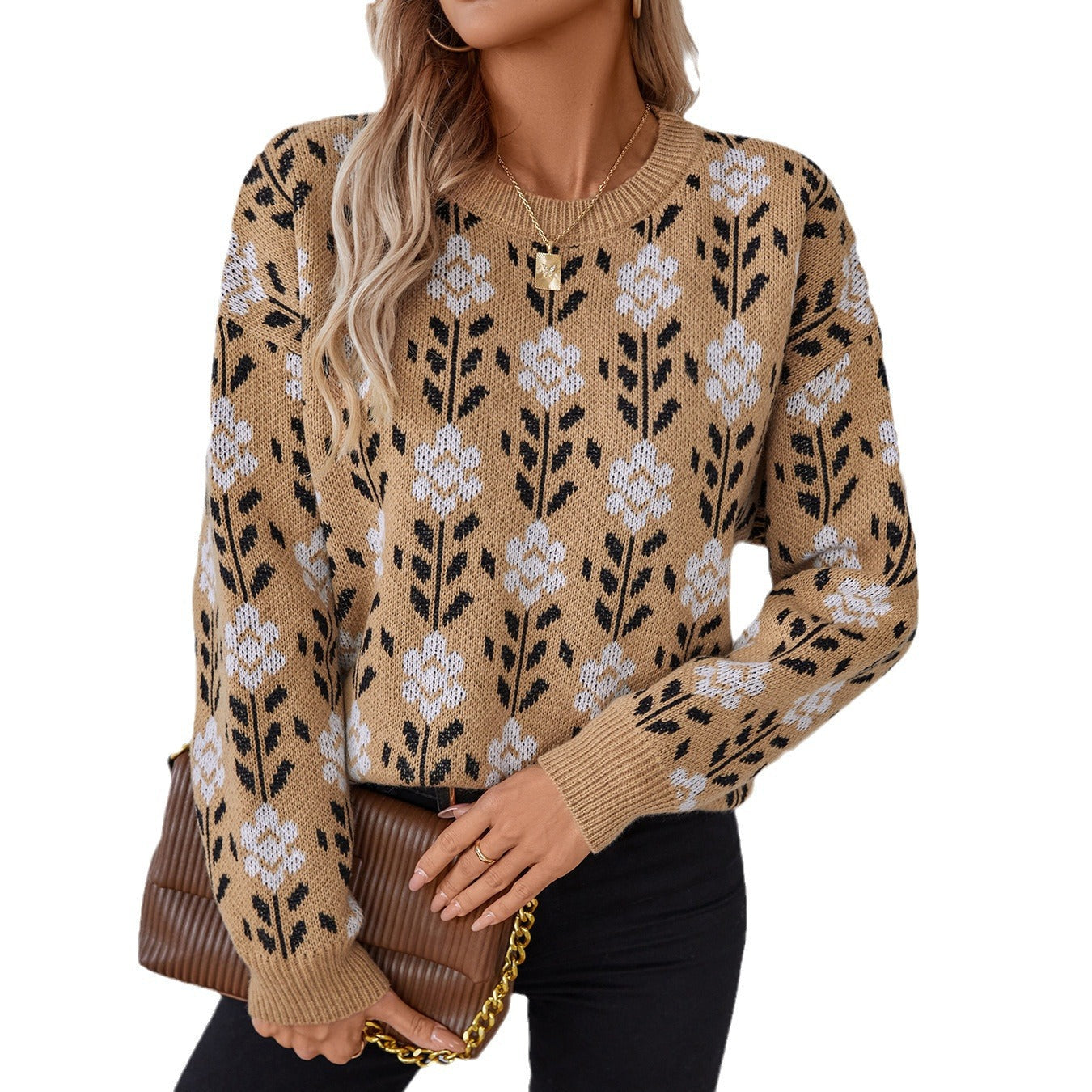 Damen lässiger Pullover mit floralem Muster und Rundhalsausschnitt