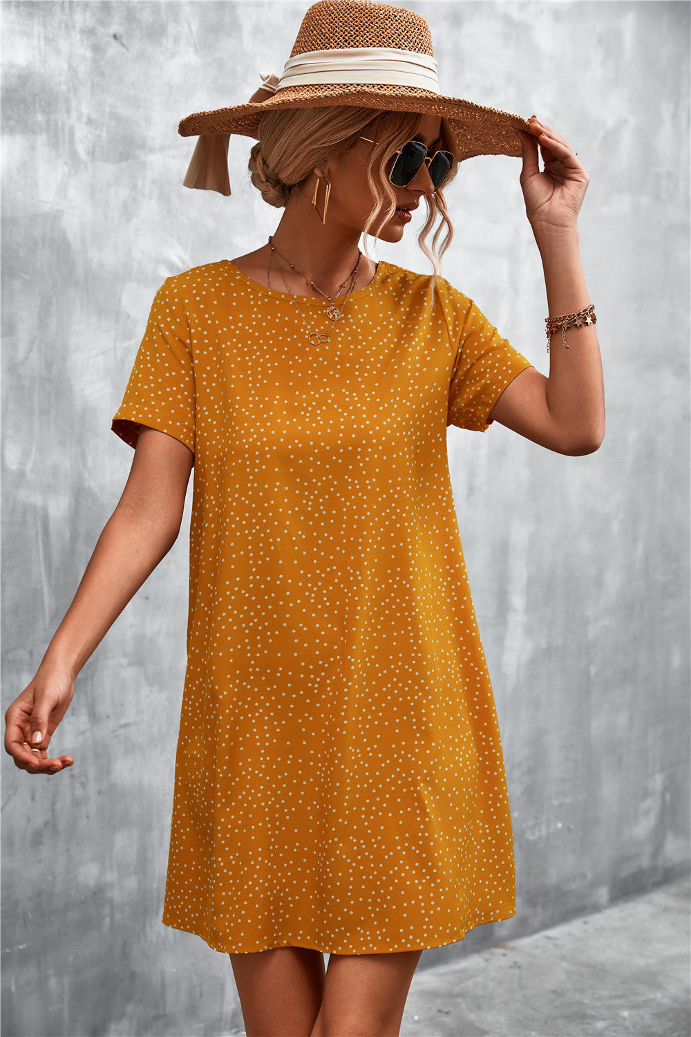 Damen lässiges Polka-Dot Kleid mit kurzem Arm und bequemem Schnitt R&B