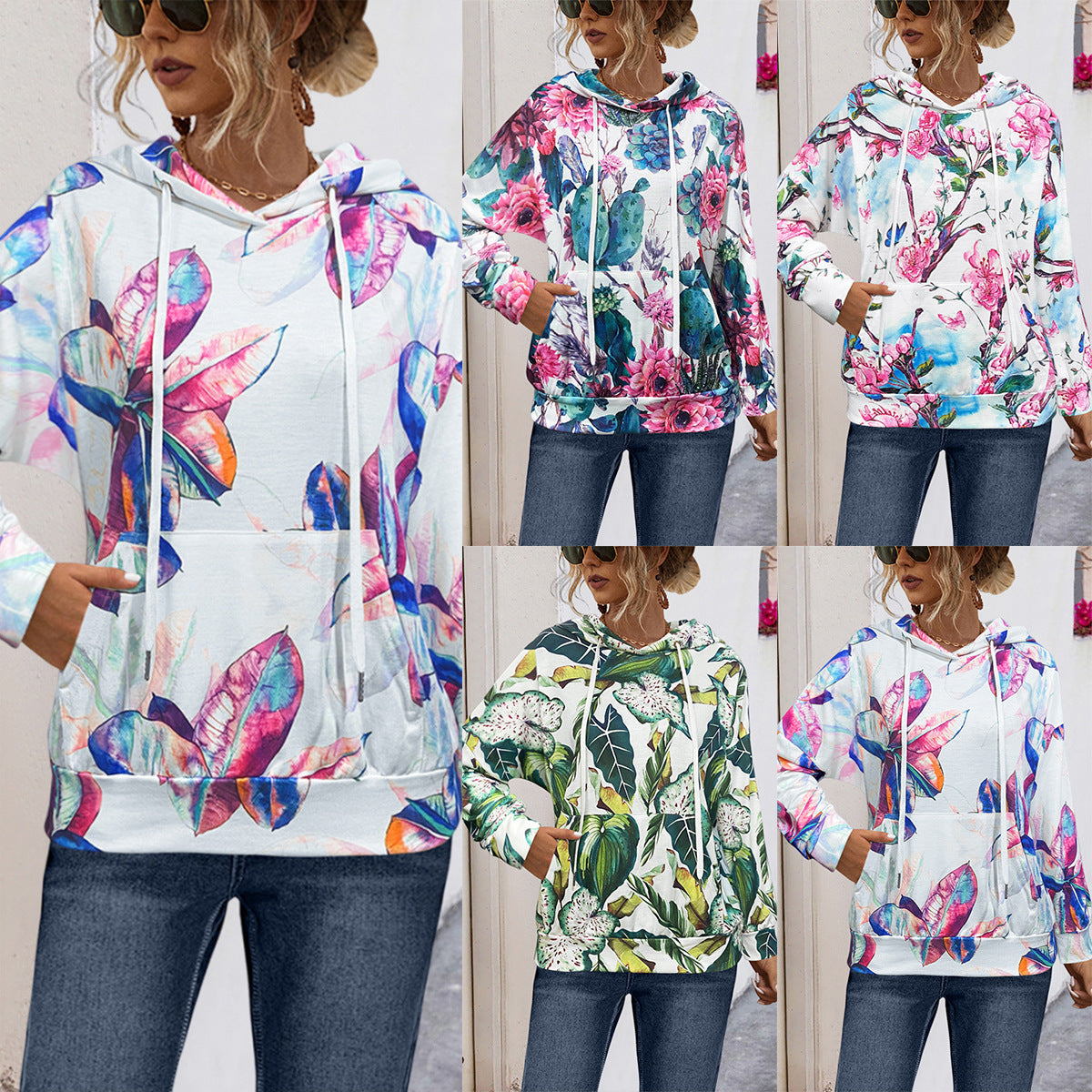 Damen Kapuzenpullover mit blühendem Blumenmuster und gemütlichem Schnitt R&B