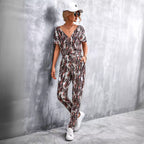 Damen elegante Jumpsuit im Snake-Print-Stil mit Taillengürtel und V-Ausschnitt R&B