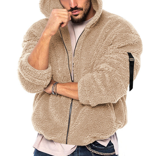 Herren kuschelige Teddyjacke mit seitlichen Reißverschlusstaschen und Kapuze R&B