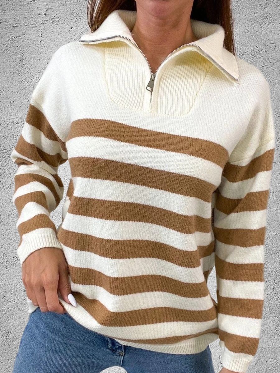 Damen gemusterter Pullover mit Stehkragen und Reißverschluss R&B