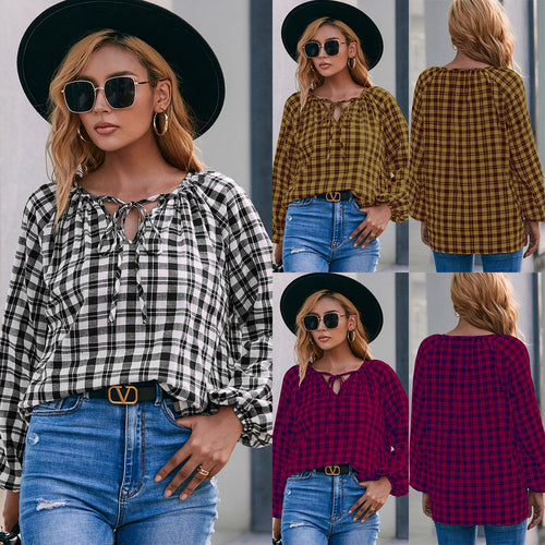 Damen Bluse mit Karo-Muster und Schleifendetail R&B