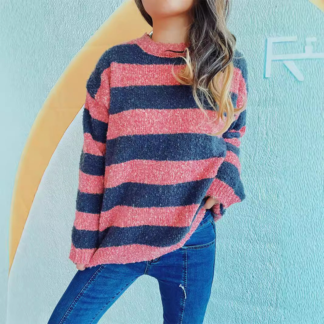 Damen gemütlicher Streifenpullover aus weichem Material mit weitem Schnitt R&B