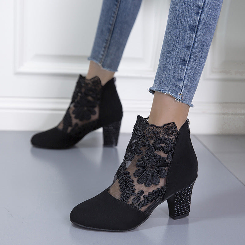 Damen elegante Ankle-Stiefeletten mit floralen Spitzenverzierungen R&B