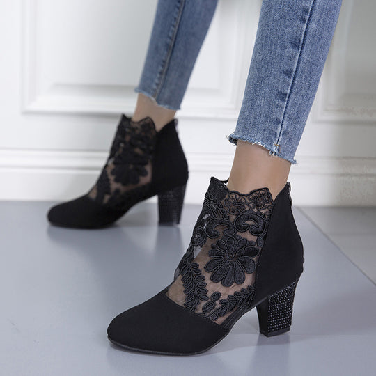 Damen nan elegante Spitzen-Stiefelette mit Wildlederoptik-Einsatz und verziertem Blockabsatz R&B