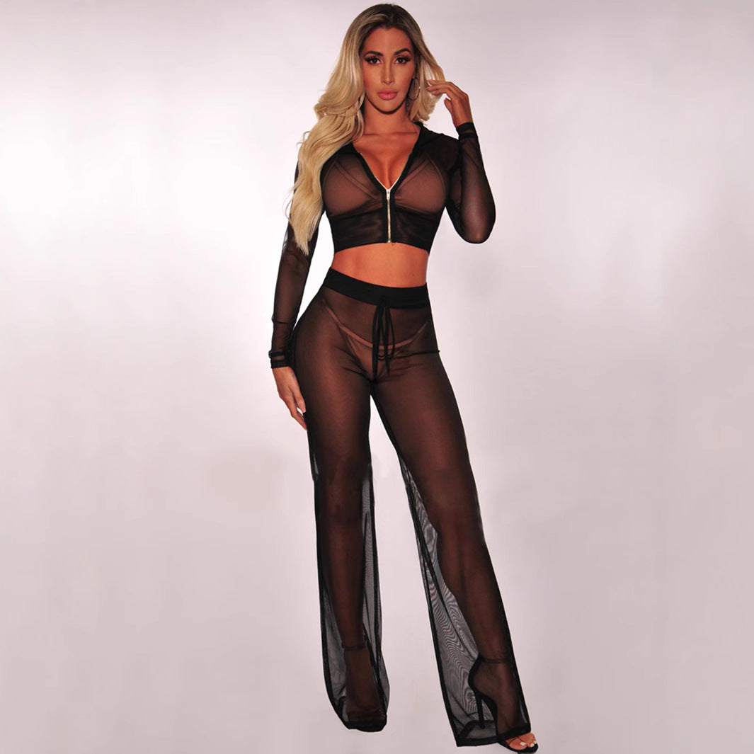 Damen Transparente Lounge-Hose mit Reißverschluss und Hohem Bund
