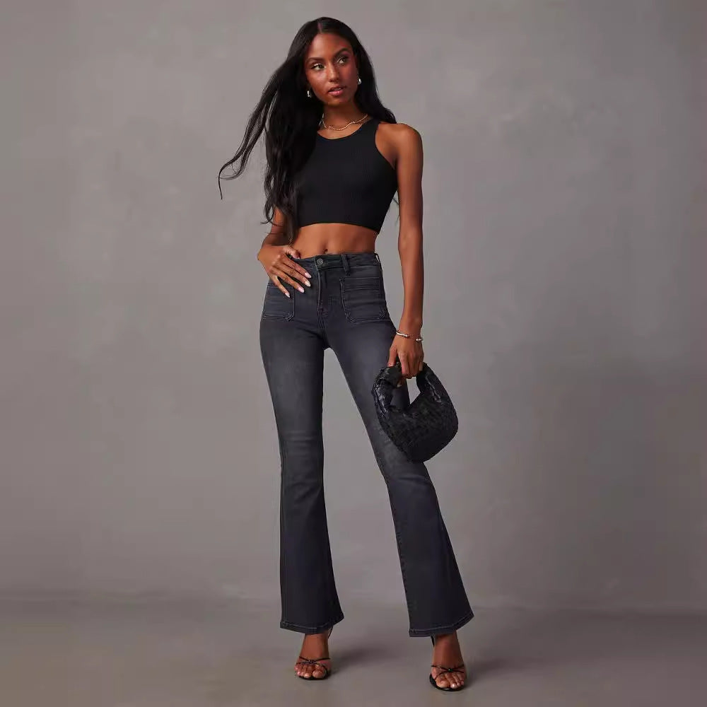 Damen Flared Jeans mit hohem Bund und strukturiertem Denim R&B