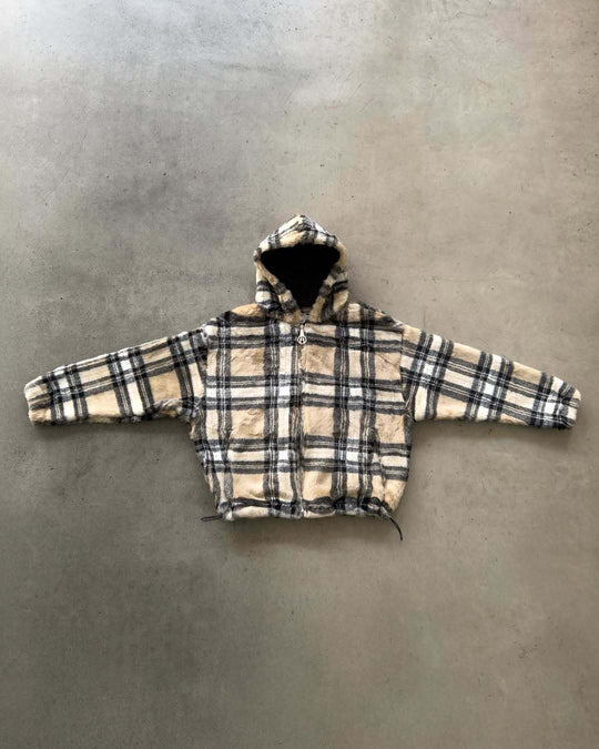 Unisex nan gefütterte Plaid-Fleece-Bomberjacke mit Kapuze Kordelzug und Reißverschlusstaschen R&B