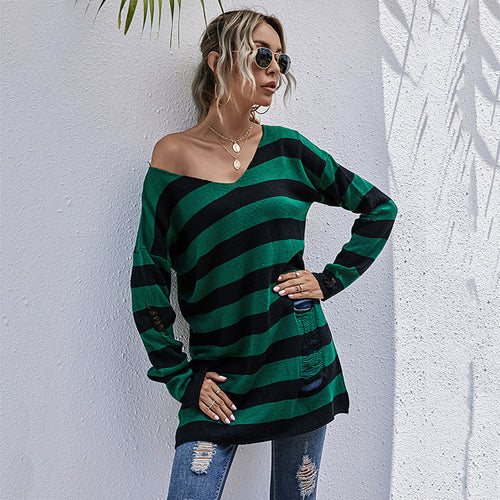 Damen gestreifter Oversized Pullover mit tiefem V-Ausschnitt und trendigen Cut-Outs R&B