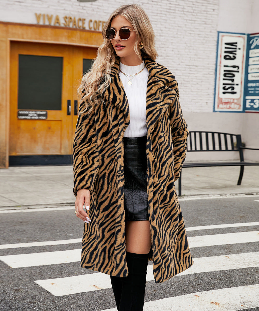Damen Eleganter Kunstpelzmantel im Zebra-Design R&B