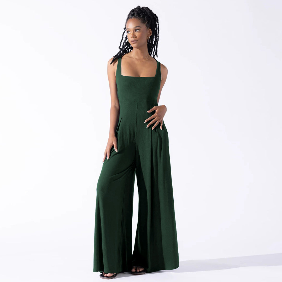 Damen Eleganter Jersey Jumpsuit mit weitem Bein und tiefem Ausschnitt R&B