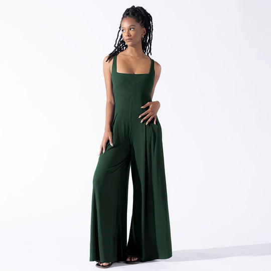 Damen Eleganter Jersey Jumpsuit mit weitem Bein und tiefem Ausschnitt R&B