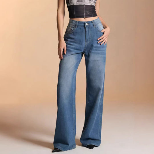 Damen weite Denim-Hose mit Vintage-Waschung und hoch geschnittenem Bund R&B