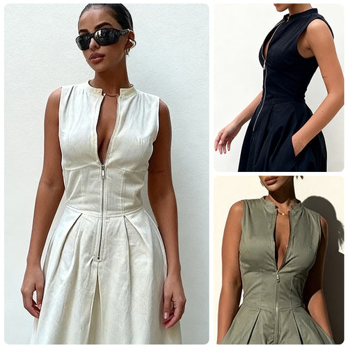 Damen elegantes Sommerkleid mit hochwertigem Reißverschluss und schwingendem Saum R&B