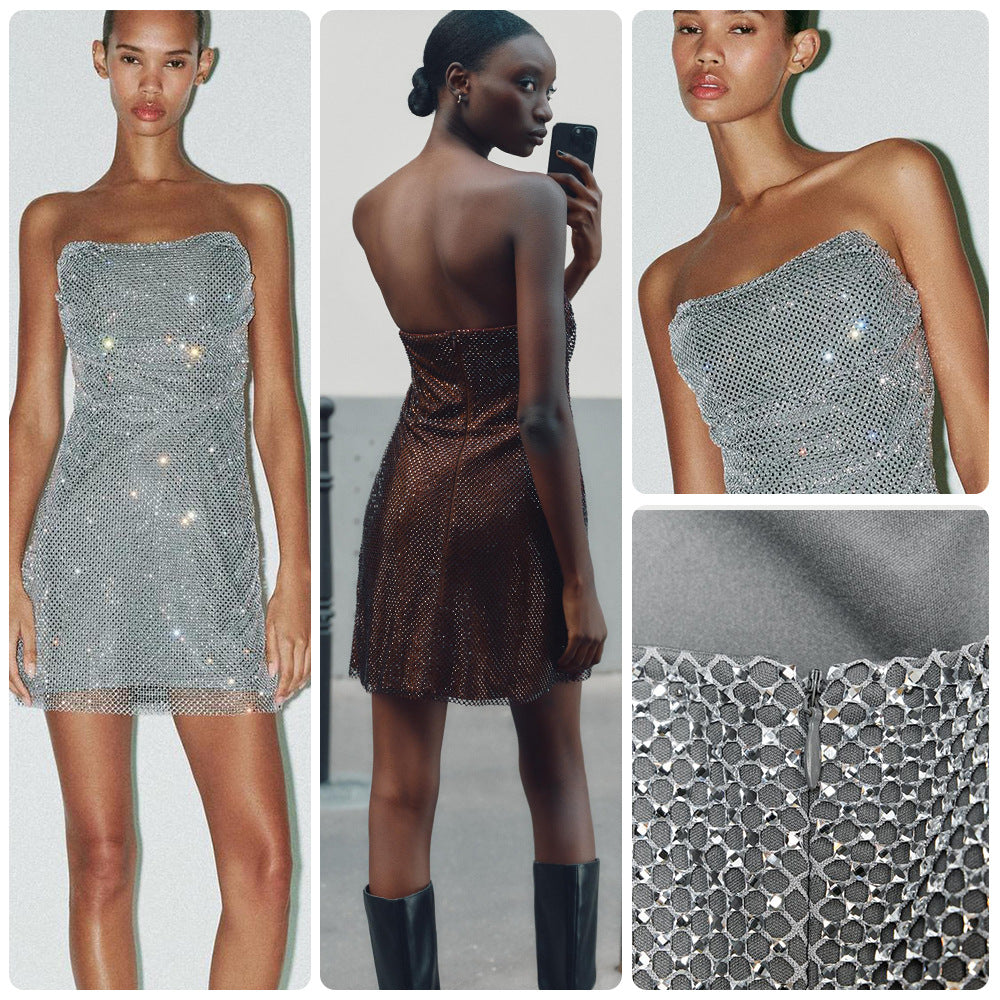 Damen Glitzerndes Cocktailkleid mit schulterfreiem Design und funkelnden Pailletten EB
