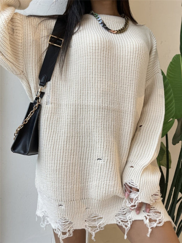 Damen lässiger Langpullover mit strukturiertem Rippdesign und offenen Säumen R&B