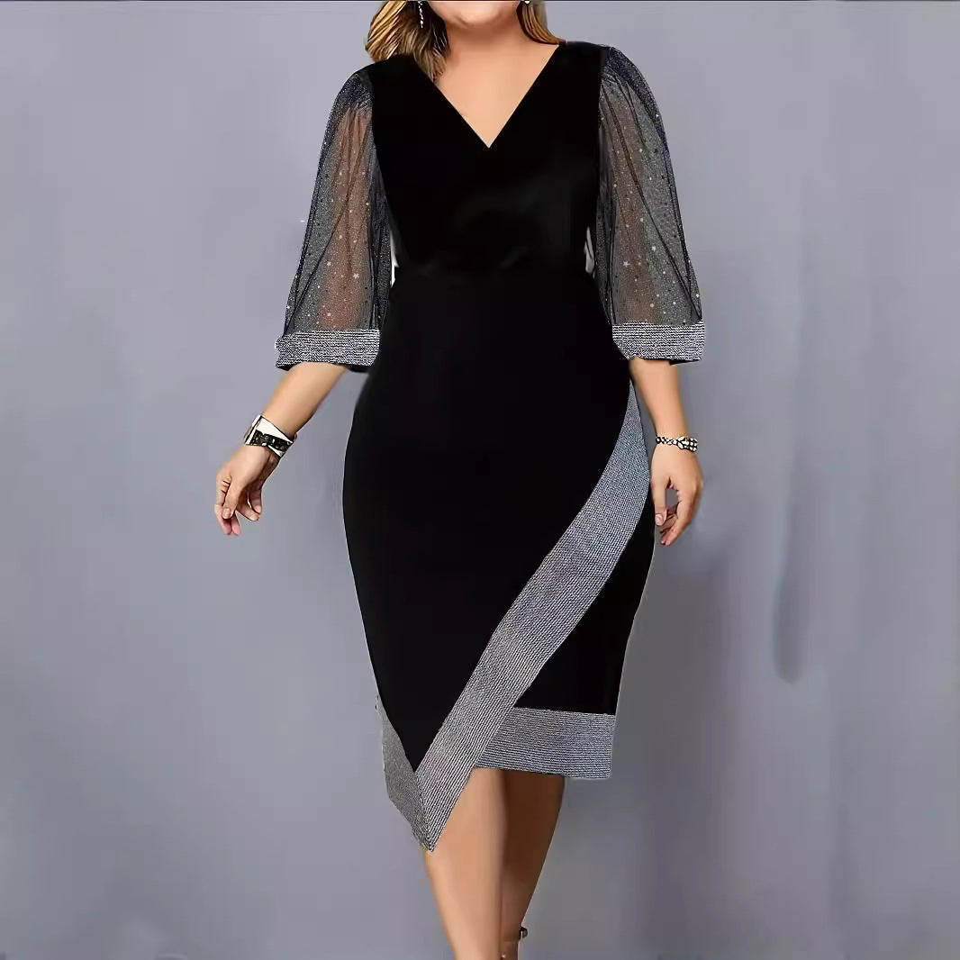 Damen Elegantes Cocktailkleid mit transparenten Puffärmeln und asymmetrischem Saum R&B