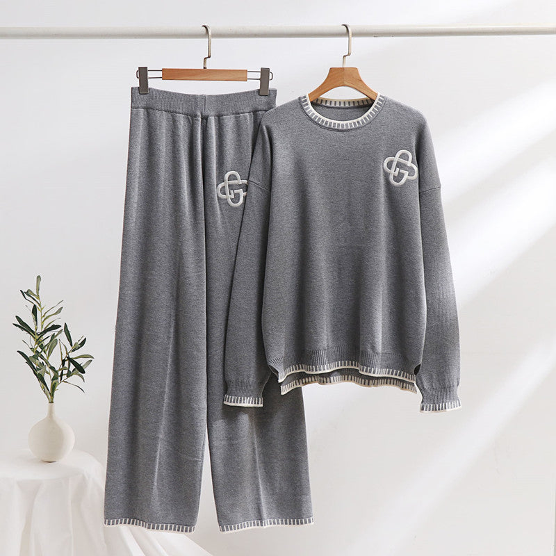 Damen lässiges Strick-Loungewear-Set mit dekorativen Kontrastdetails R&B