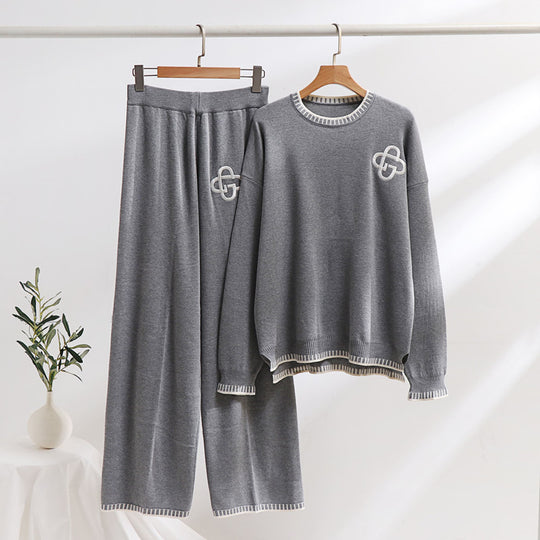 Damen lässiges Strick-Loungewear-Set mit dekorativen Kontrastdetails R&B
