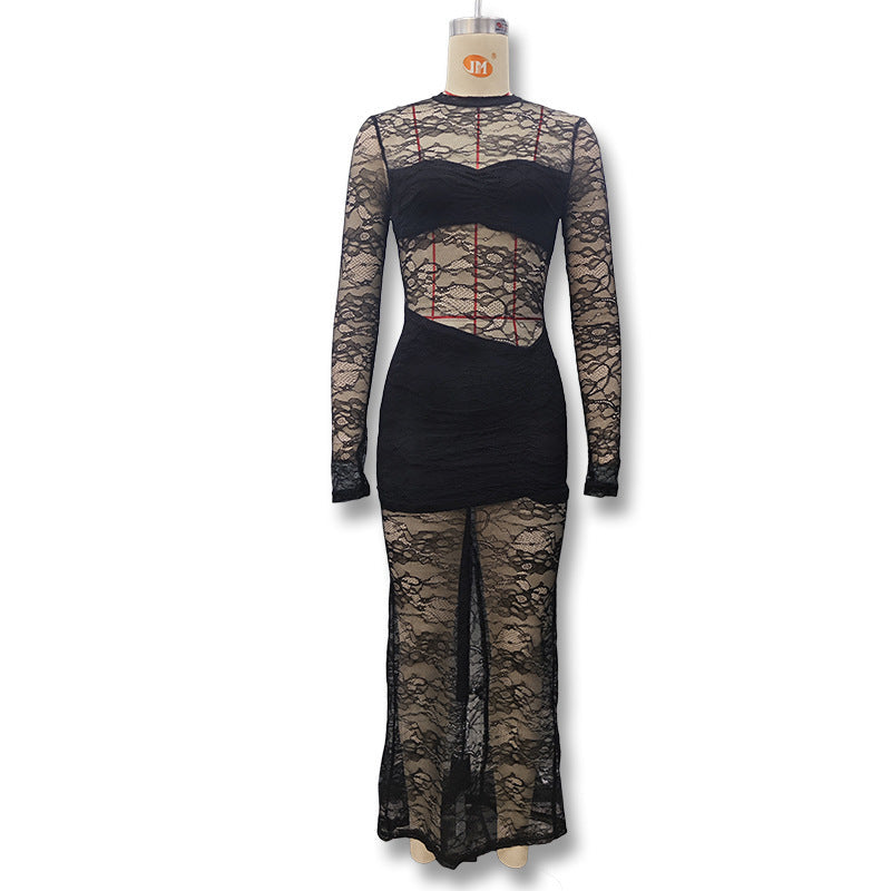 Damen Elegantes Spitzenkleid mit hohem Kragen und langem Ärmel R&B