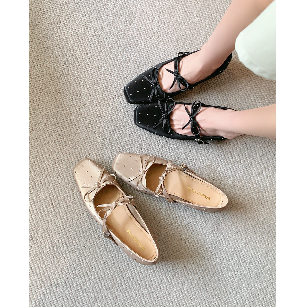 Damen Ballerinas mit dekorativen Schleifen und Strass-Applikationen