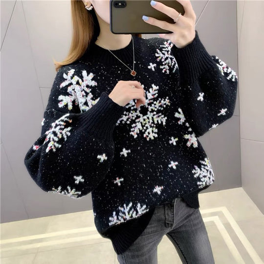 Damen Strickpullover mit Wintermotiv und Puffärmeln R&B