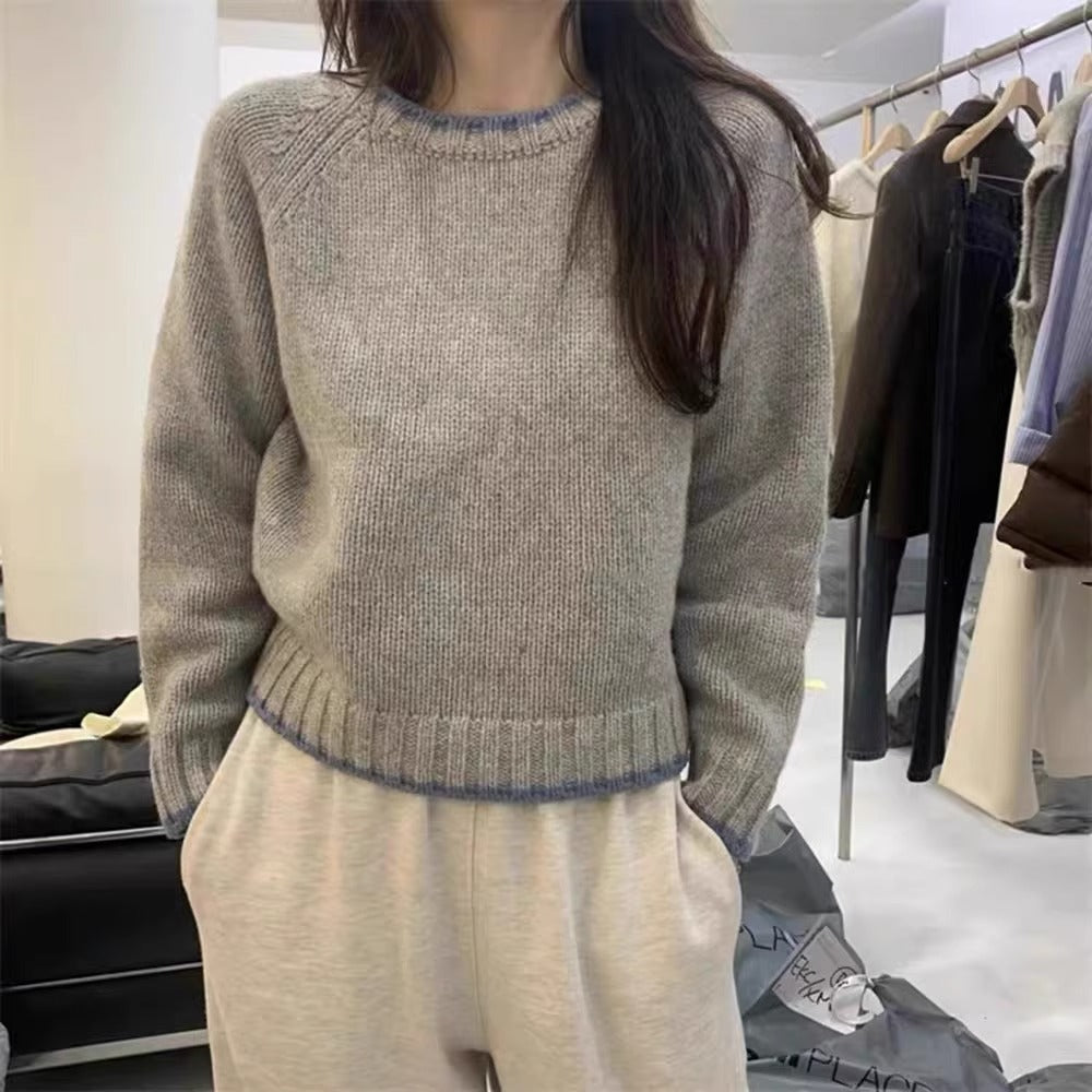 Damen Modischer Pullover mit strukturiertem Saum und kontrastierenden Ärmeln R&B