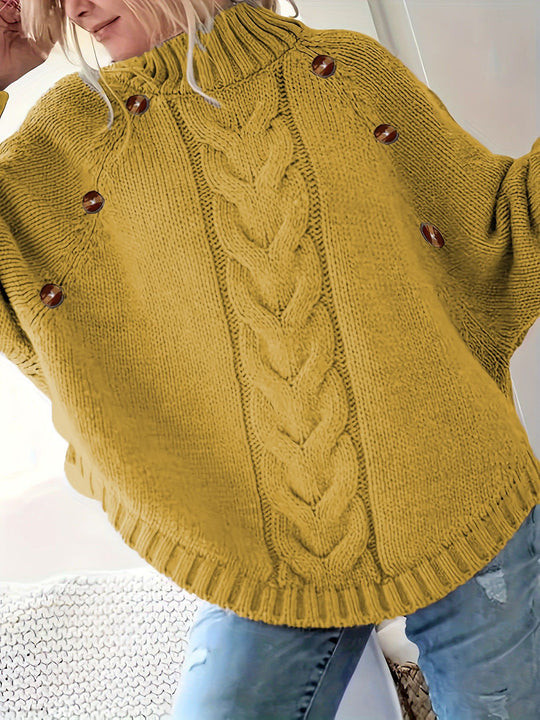Damen Grober Strickpullover mit modernem Zopfdesign und praktischen Knöpfen R&B