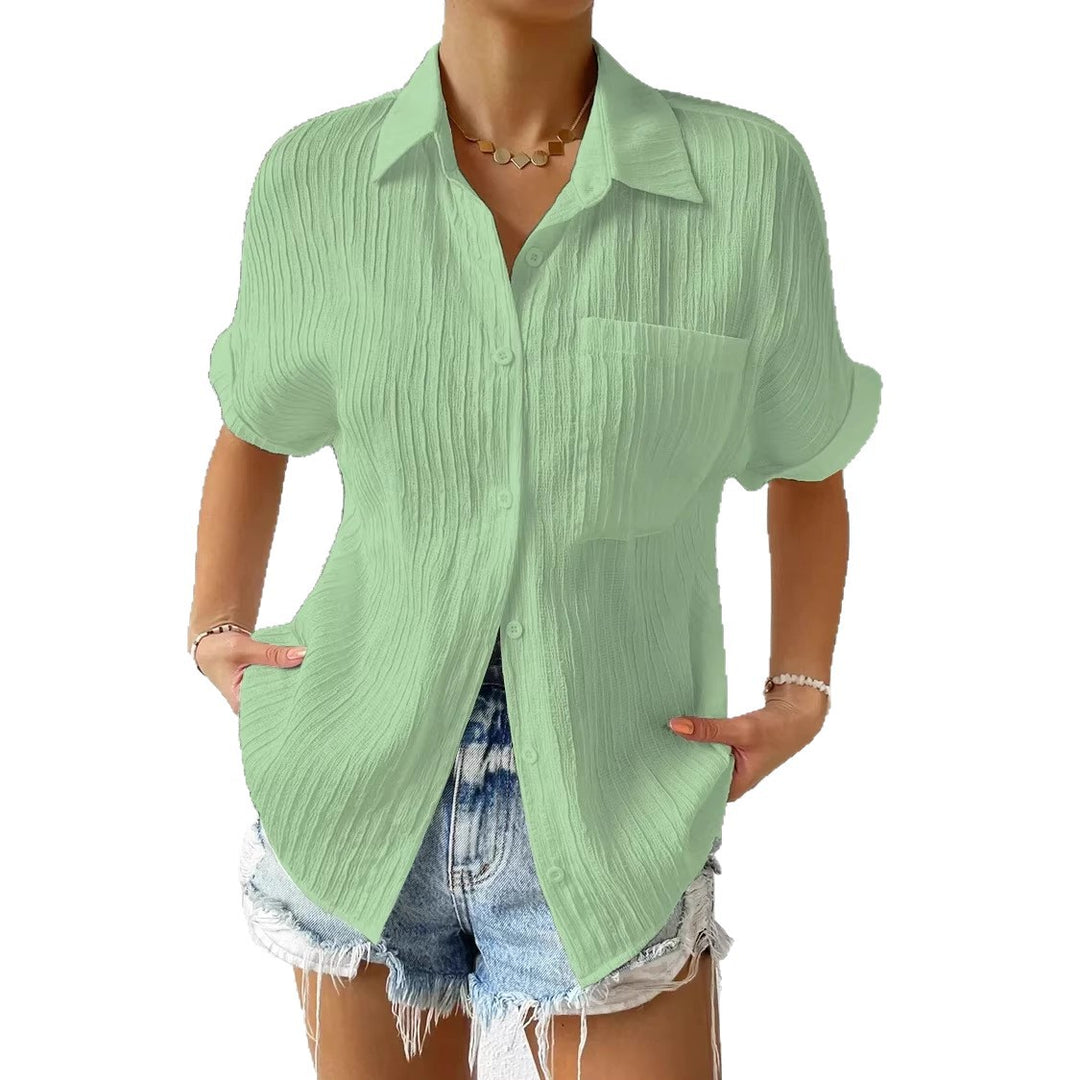 Damen lässige kurzärmlige Bluse mit Struktur und Brusttasche R&B