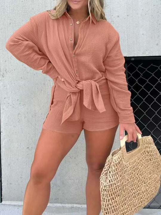 Damen lässiges Krepp-Blusenshirt und Shorts-Set mit taillierbarem Gürtel R&B
