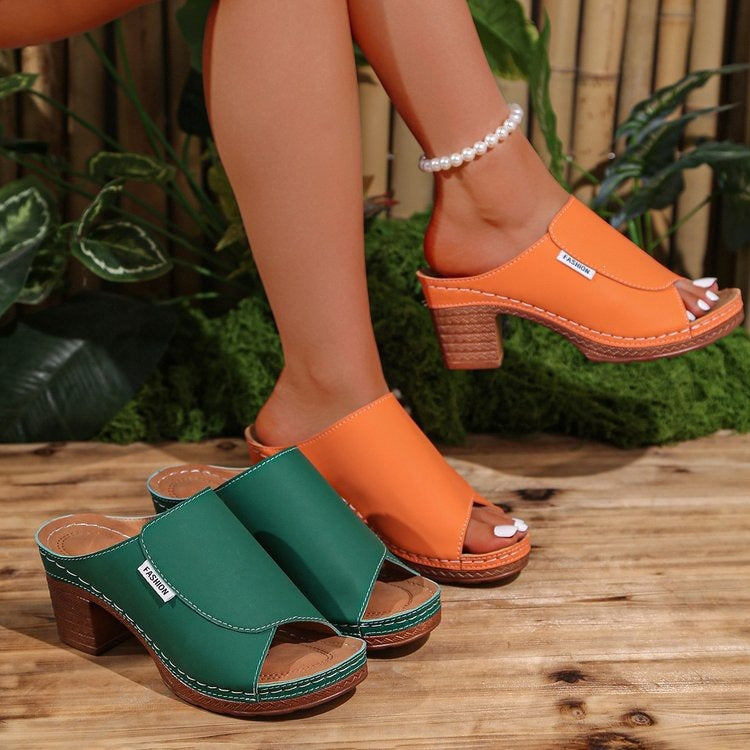 Damen Komfortable Open-Toe Pantoletten mit Holz-Optik R&B