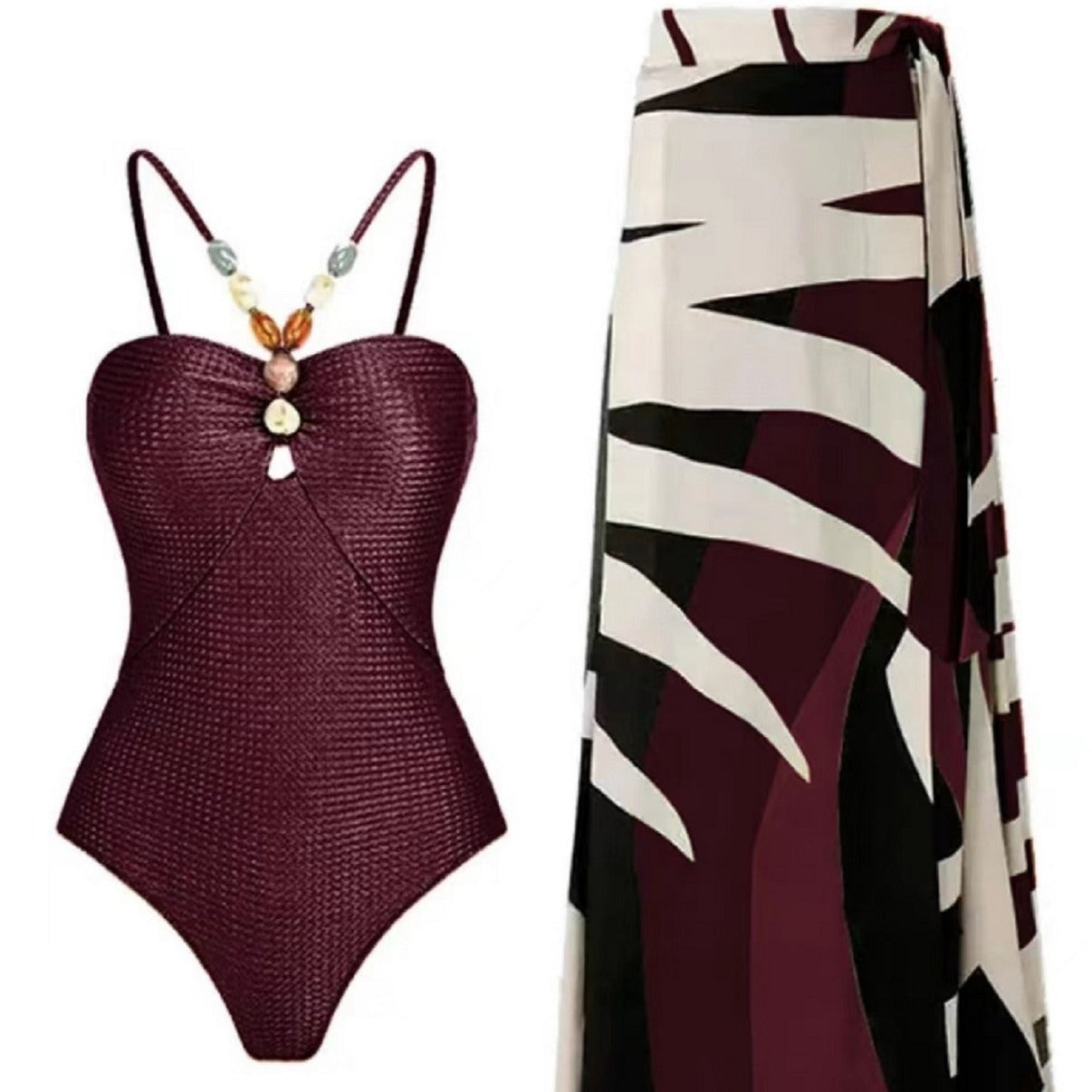 Damen Badeanzug mit elegantem Wickelrock und modischen Schmuckdetails R&B