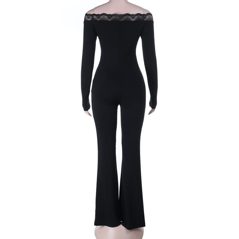 Damen eleganter Off-Shoulder Jumpsuit mit Spitzenakzenten und ausgestelltem Bein R&B