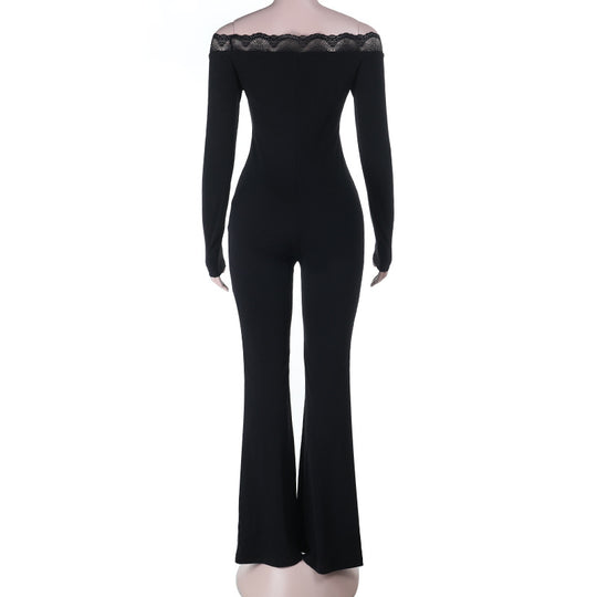 Damen eleganter Off-Shoulder Jumpsuit mit Spitzenakzenten und ausgestelltem Bein R&B