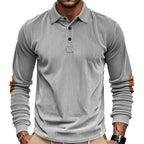 Herren nan schwerer gerippter Baumwoll-Polo-Pullover mit Kentkragen dreifach-Knopfleiste und Wildleder-Ellenbogenpatches R&B